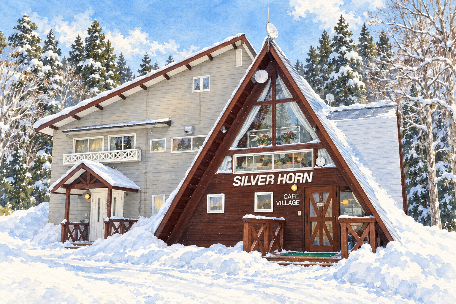 三角屋根と大きな窓が特徴のシルバーホルン。提供写真をもとに描いた雪景色の外観イラスト